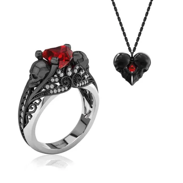 Gothic Skull Lotus Ring Necklace Jewelry Set Women