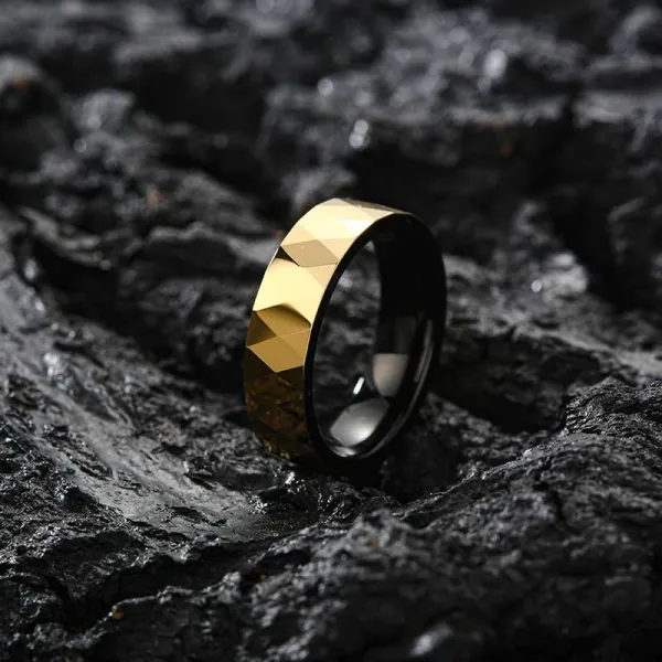 Men Wedding Band Ring Titanium Steel Black 14K Gold Multi Faceted