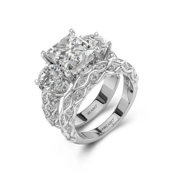 Classic Three Stone Wedding Ring Set Women White Princess
