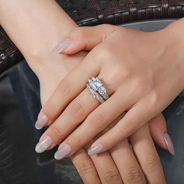 Classic Three Stone Wedding Ring Set Women White Princess
