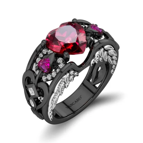 Black Engagement Ring Arrow Wing Heart Ruby Red Cz For Women