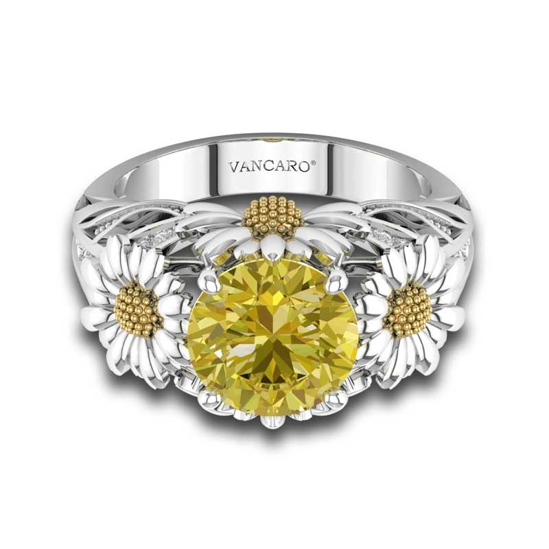 VANCARO Dazzling Daisy Engagement Ring With Yellow Gemstone