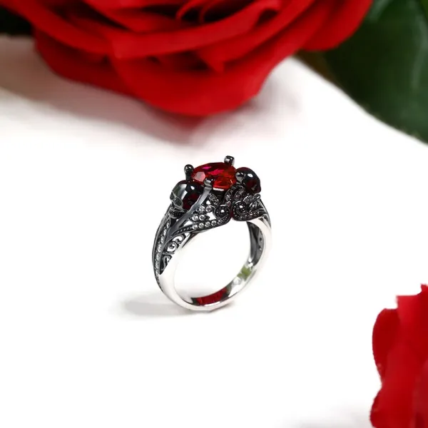 Gothic Cutout Lotus Skull Scrollwork Engagement Ring Women Ruby Red Heart