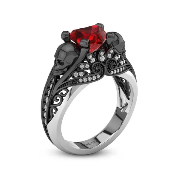 Black Engagement Ring Lotus Skull Heart Ruby Red Cubic Zirconia Ring Women