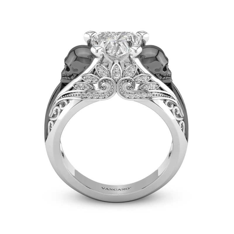  Skull  Engagement Diamond Ring  With Black Skulls  For Women 