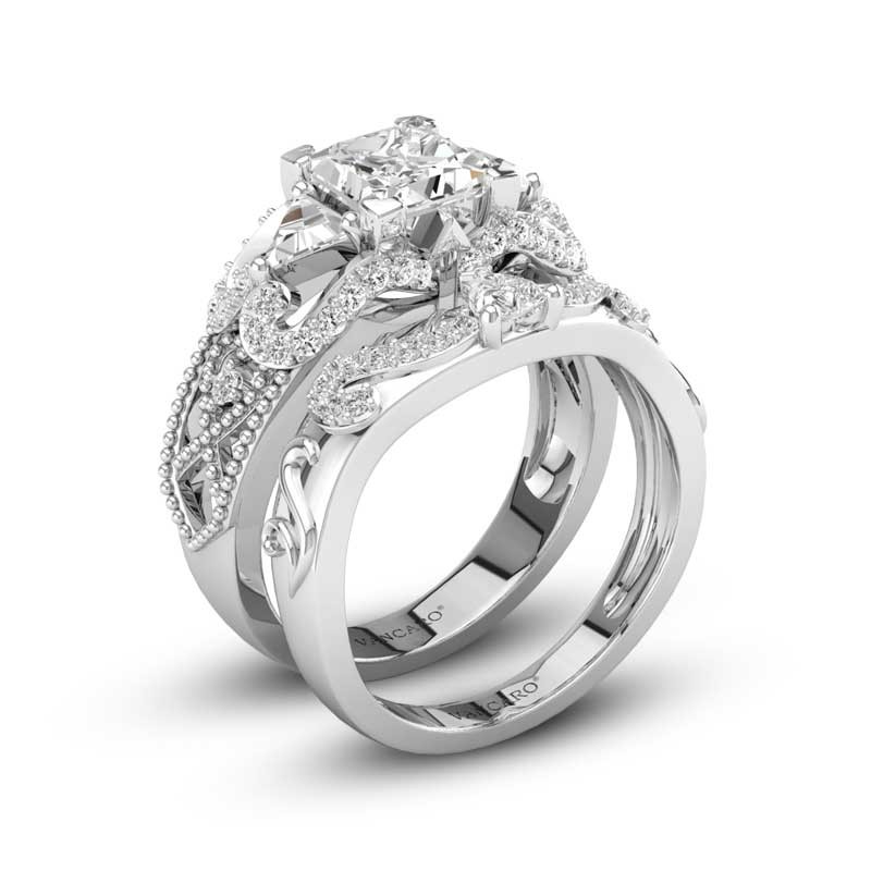 White Gold Wedding  Ring  Set Arrow Of Cupid Princess Cut 