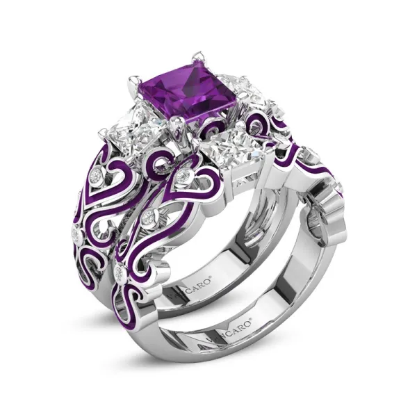 Baroque Purple Three Stone Wedding Ring Set Women Amethyst Purple Princess