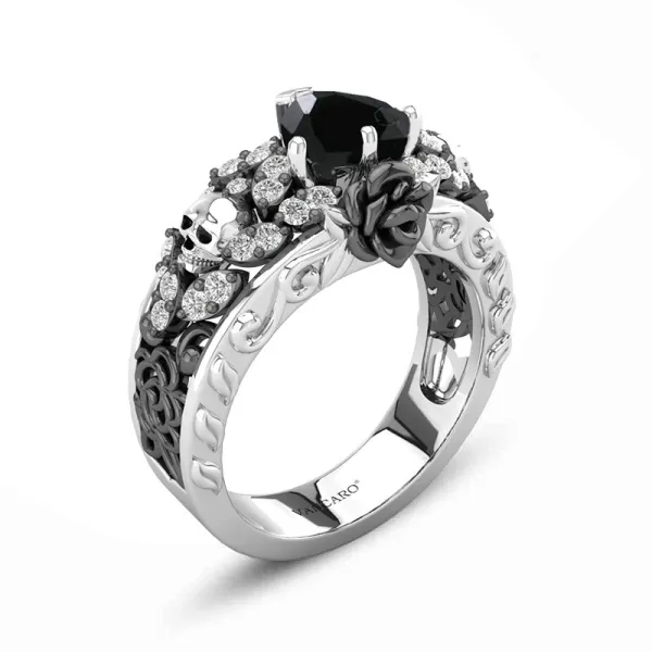 Gothic Skull Rose Prong Engagement Ring Women Black Heart