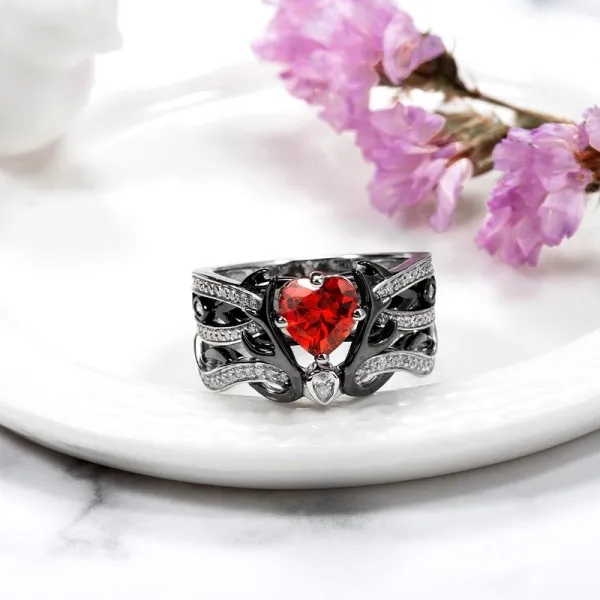 Deer Garnet Red Wedding Ring Set Heart Cubic Zirconia
