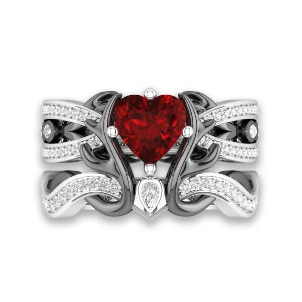 Deer Garnet Red Wedding Ring Set Heart Cubic Zirconia