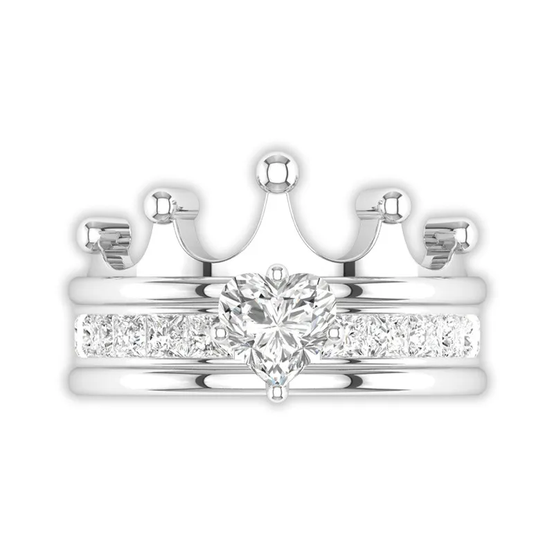 Glorieux Couronne Or blanc Placage Argent sterling 925 Enhancer Cœur Blanc Griffe Canaliser