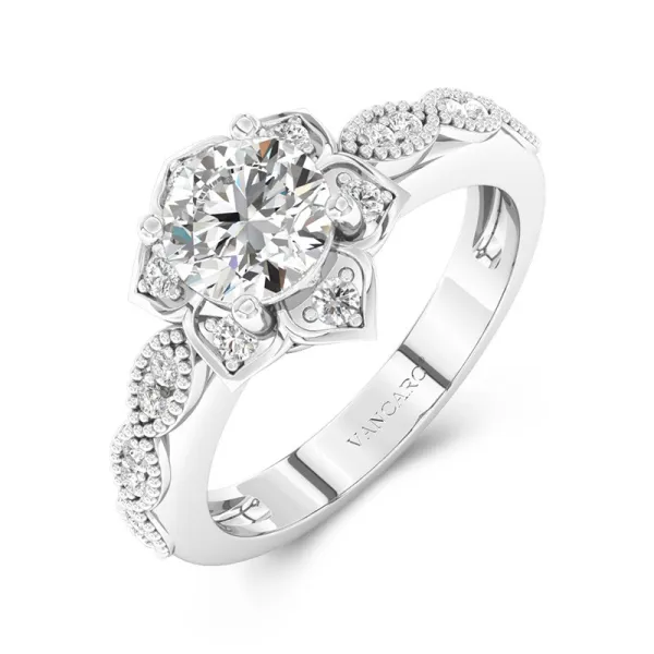 Classic Flower Halo Engagement Ring Cubic Zirconia 0.75ct Round 925 Sterling Silver
