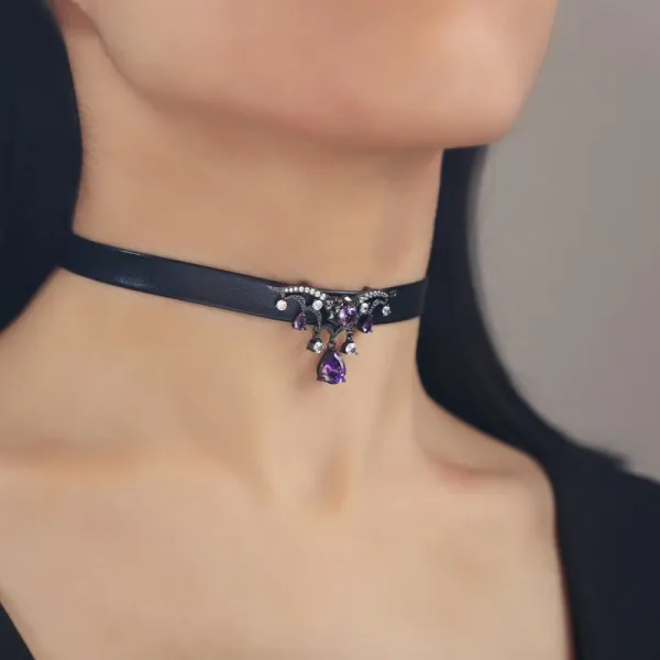 Gothic Baroque Rose Necklace Choker Women Black Amethyst Purple Pear