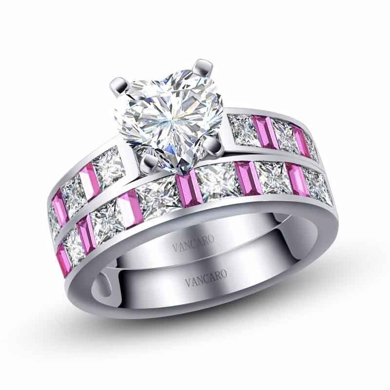 Heart Shaped Wedding  Rings  Bridal  Set With Pink Stones VANCARO 