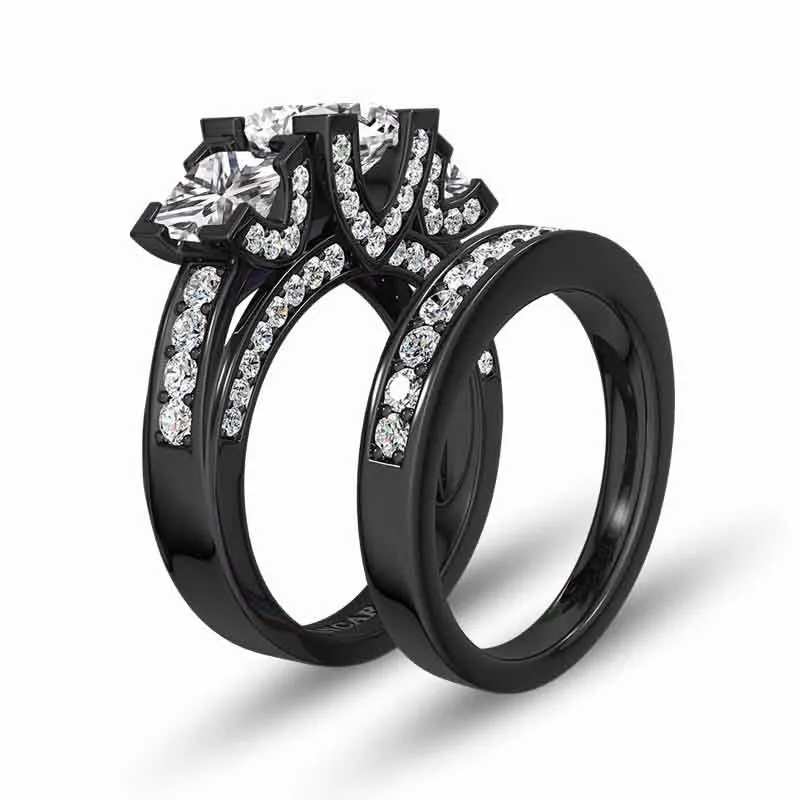 Gothic Vintage Princess Cut Wedding Ring Set