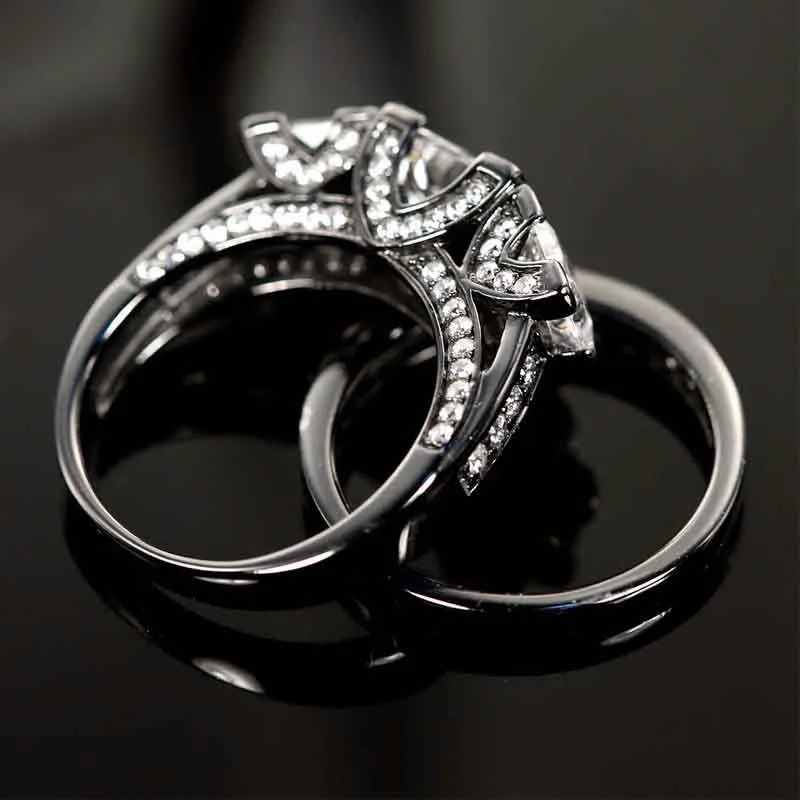 Gothic Vintage Princess Cut Wedding Ring Set