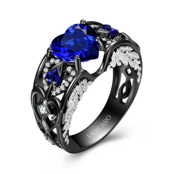 Gothic Vintage Arrow Cutout Wing Engagement Ring Women Sapphire Blue Heart