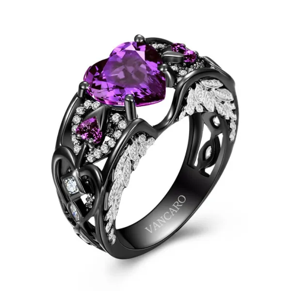 Gothic Arrow Wing Engagement Ring Women Amethyst Purple Heart