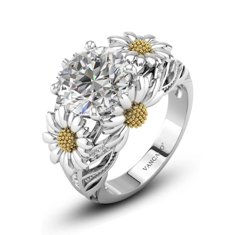Sunflower Round Cut Engagement  Rings  In Sterling Silver 