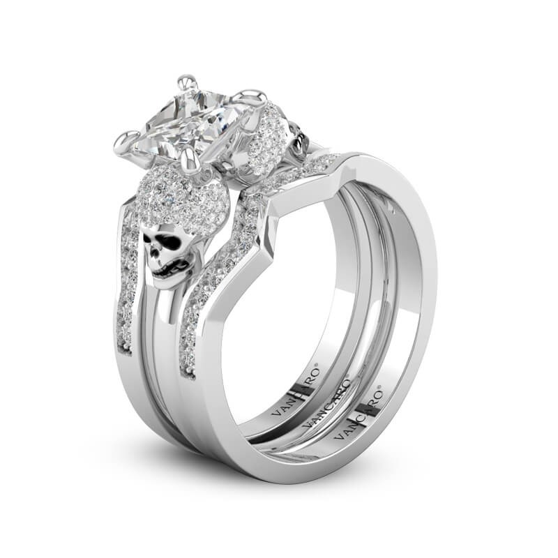 Princess Cut Diamond Skull  Trio Engagement Wedding  Ring  