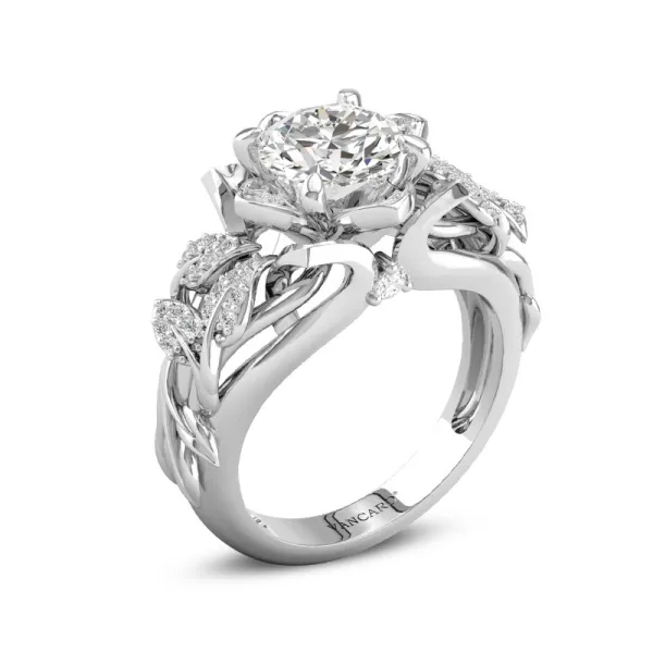 White Gold Engagement Ring Rose Leaf Round White Cubic Zirconia Ring Women