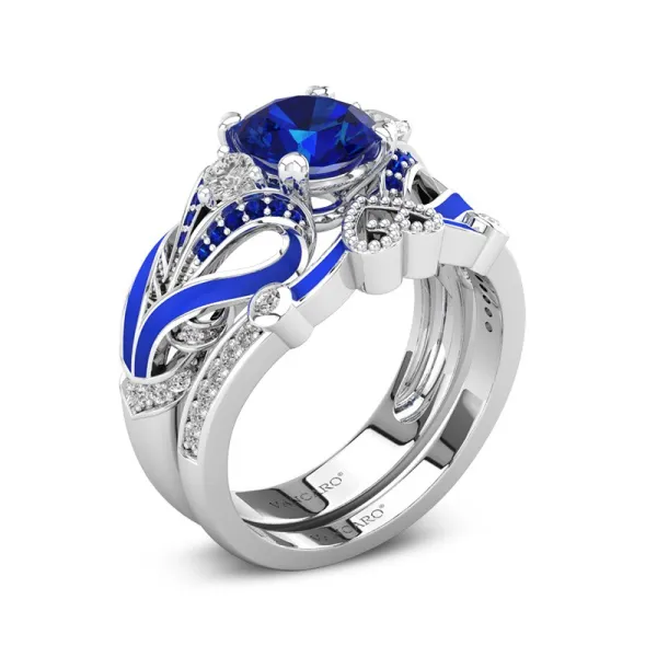 Nature Blue Butterfly Prong Wedding Ring Set Women Sapphire Blue Round