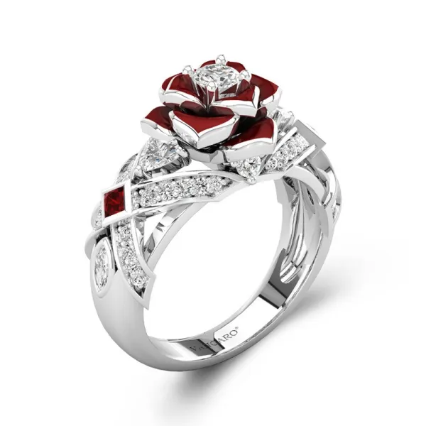 White Gold Promise Ring Rose Round White Cubic Zirconia Ring Women