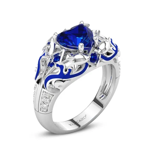 Graceful Blue Dolphin Engagement Ring Women Sapphire Blue Heart