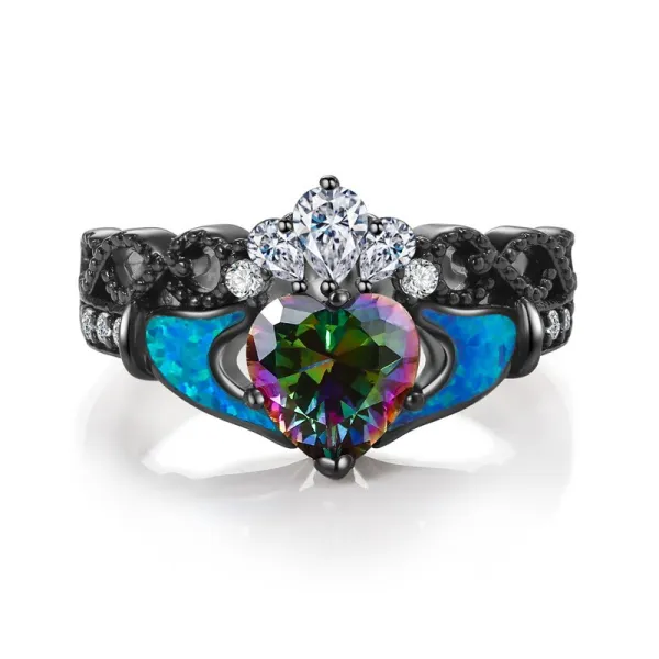 Opal Mystic Topaz Unique Claddagh Engagement Ring 925 Sterling Silver 1.25ct Heart Cut For Women