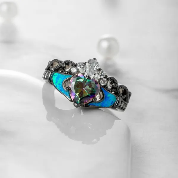 Opal Mystic Topaz Unique Claddagh Heart Cut Engagement Ring For Women