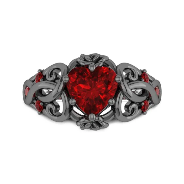 Gothic Rose Vine Engagement Ring Women Garnet Red Heart