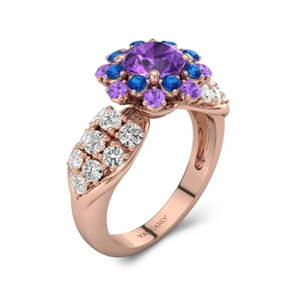 18K Rose Gold Engagement Ring Flower Round Amethyst Purple Cubic Zirconia Ring Women