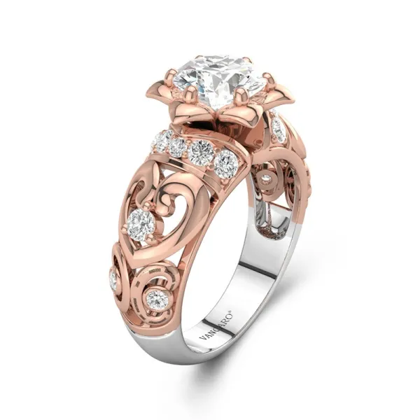 18K Rose Gold Engagement Ring Flower Round White Cubic Zirconia Ring Women