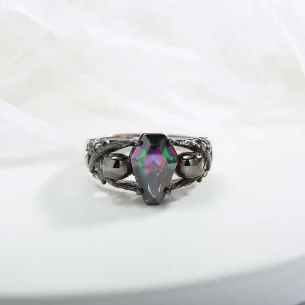 Mystic Topaz Gothic Skull Prong Engagement Ring 925 Sterling Silver Coffin Cut For Women