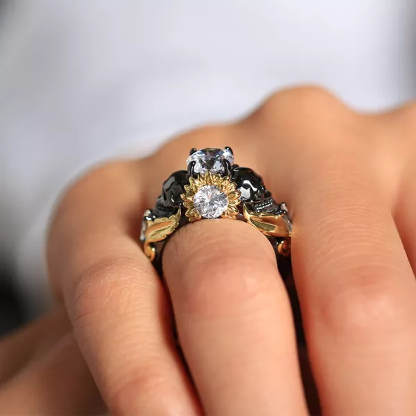 Gothic Skull Sunflower Ring Women 925 Sterling Silver Engagement Ring