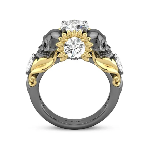 Gothic Skull Sunflower Engagement Ring 925 Sterling Silver