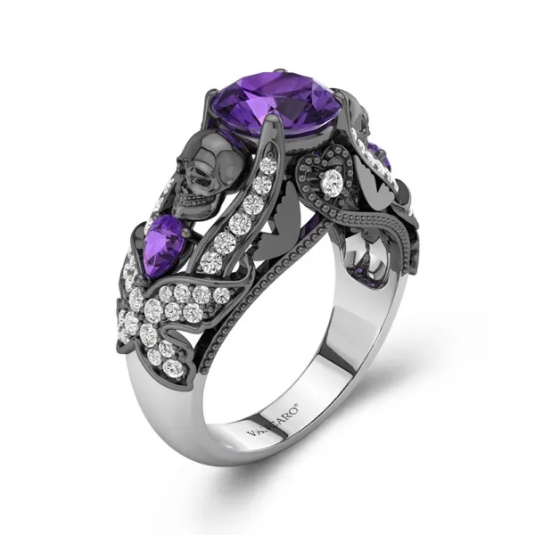 Butterfly Skull Gothic Round Amethyst Purple Engagement Ring Women