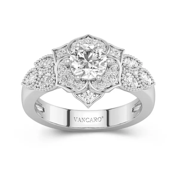 Silver Engagement Ring Flower Round White Cubic Zirconia Ring Women