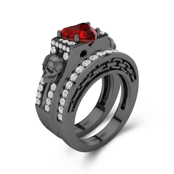 Gothic Skull Prong Wedding Ring Set Women Garnet Red Heart