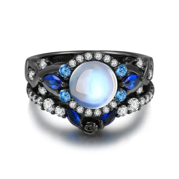 Moonstone Elegant Rose Halo Wedding Ring Set 925 Sterling Silver Round Cut For Women
