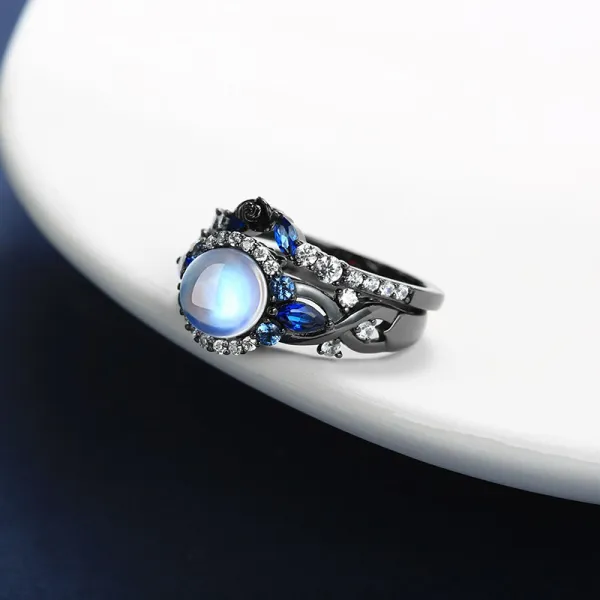 Moonstone Elegant Rose Halo Wedding Ring Set 925 Sterling Silver Round Cut For Women