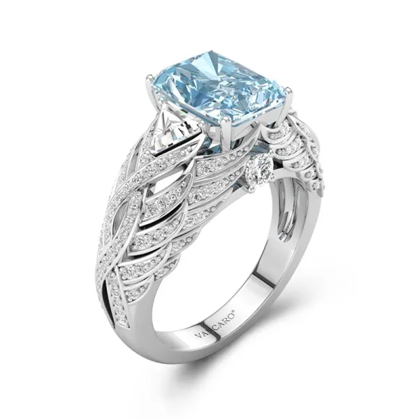 Silver Engagement Ring Wing Ice Flower Cut Aquamarine Blue Cubic Zirconia Ring Women