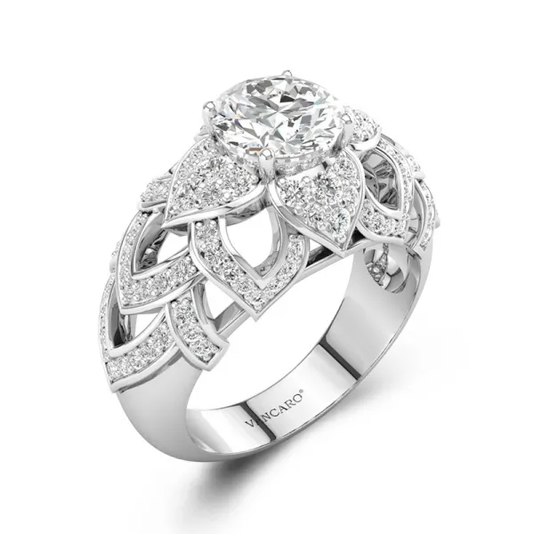 Silver Engagement Ring Flower Round White Cubic Zirconia Ring Women