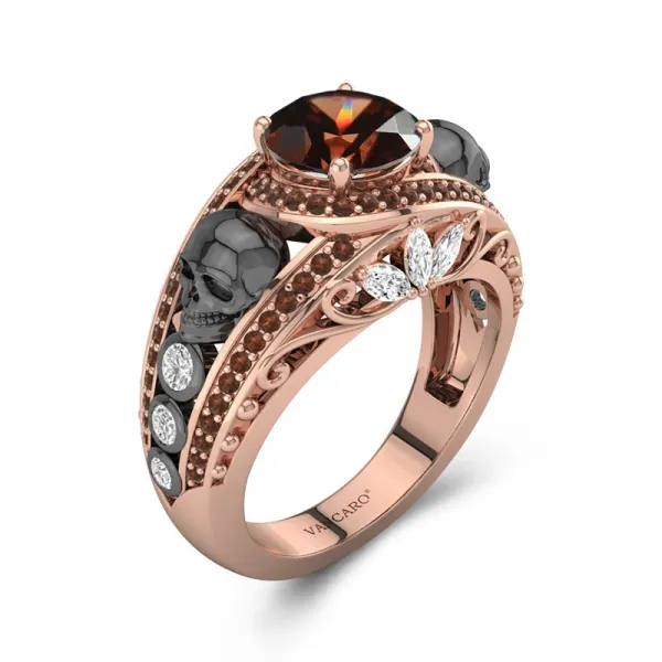 Gothic Skull Prong Engagement Ring Women Coffee Round