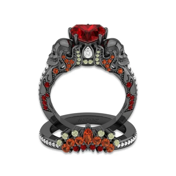 Gothic Skull Wedding Ring Set Women Garnet Red Heart