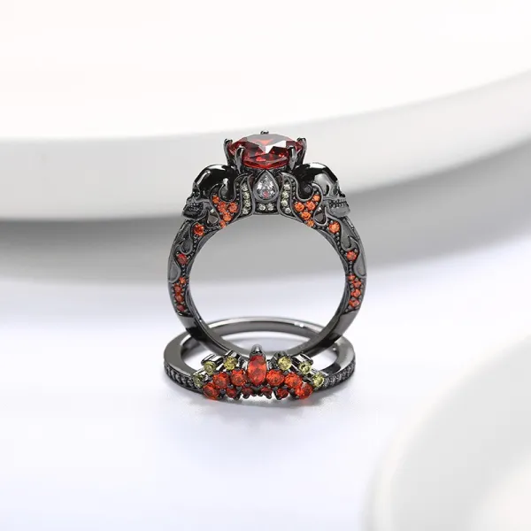 Gothic Skull Wedding Ring Set Women Garnet Red Heart