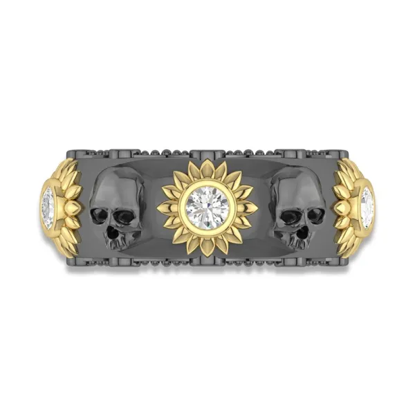 Gothic Nature Skull Sunflower Women Wedding Band In 925 Sterling Silver