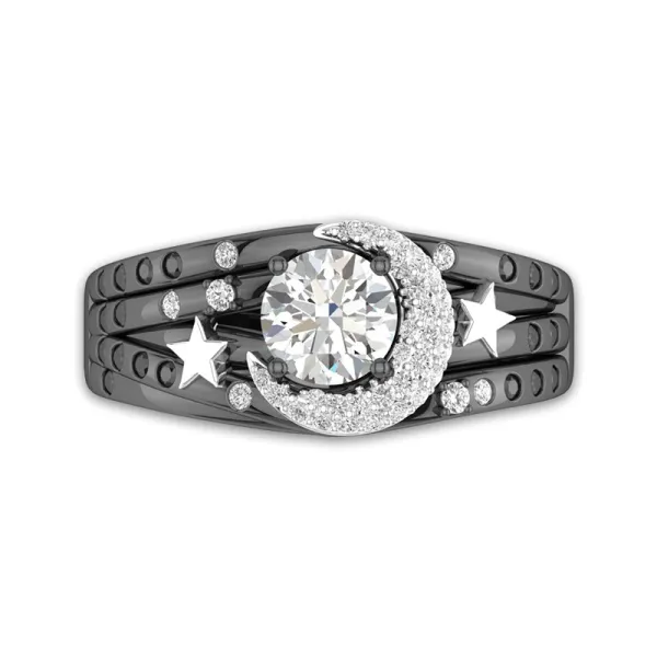 Gothic Moon Star Ring Women 925 Sterling Silver Wedding Band