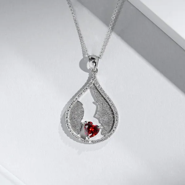 Unique Love Silhouette Heart Necklace Pendant Women Silver Garnet Red Heart