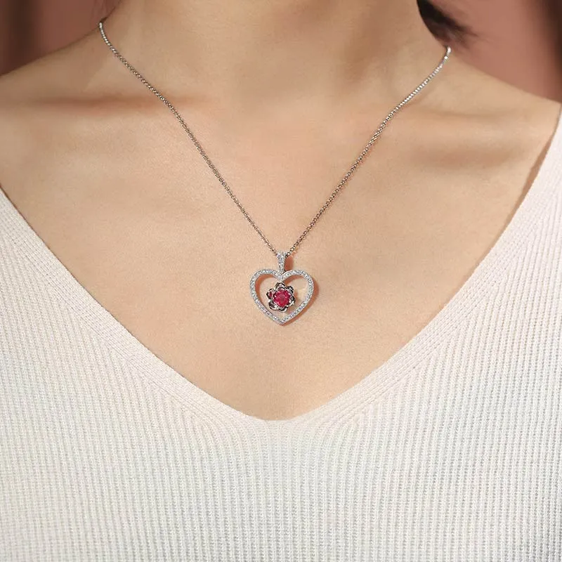 Nature Dainty Rose Heart Pendant Necklace Ruby Red Heart